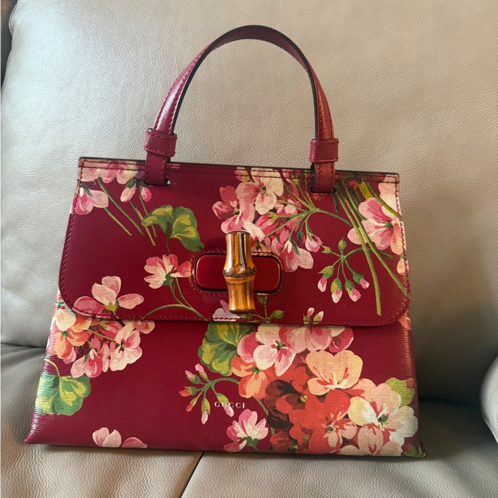 Gucci Calfskin Bamboo Daily Top Handle Shanghai Blooms Print Medium Bag